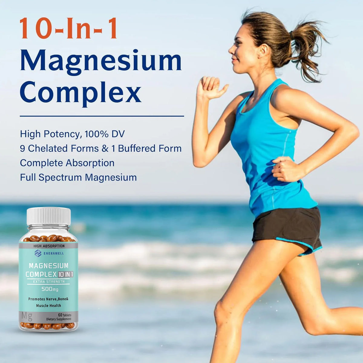 Two bottles of Corporación Turística Magnesium Complex 10-in-1 capsules, dietary supplement in plastic bottles with 60 capsules each.