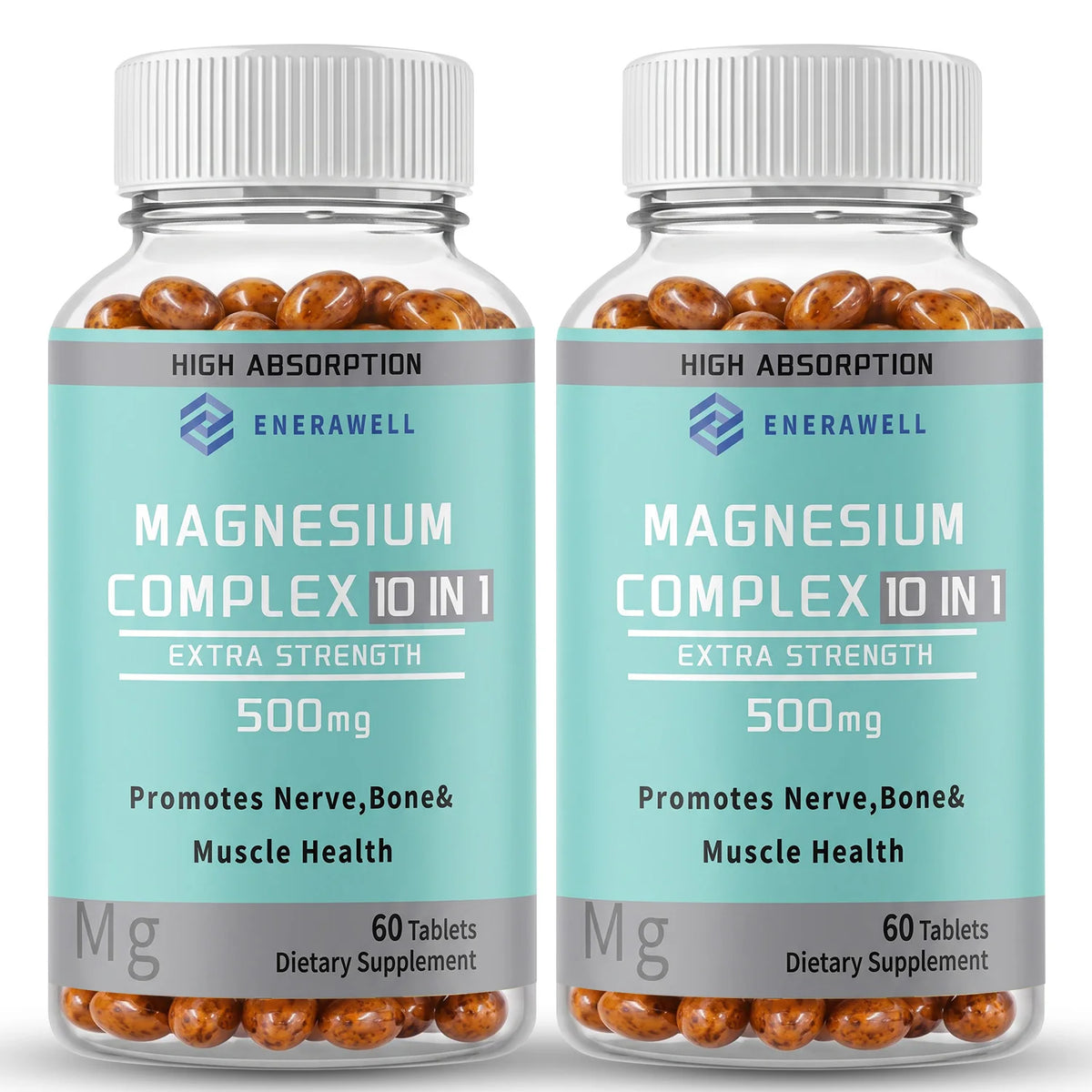 Two bottles of Corporación Turística Magnesium Complex 10-in-1 capsules, dietary supplement in 60 pcs bottles.