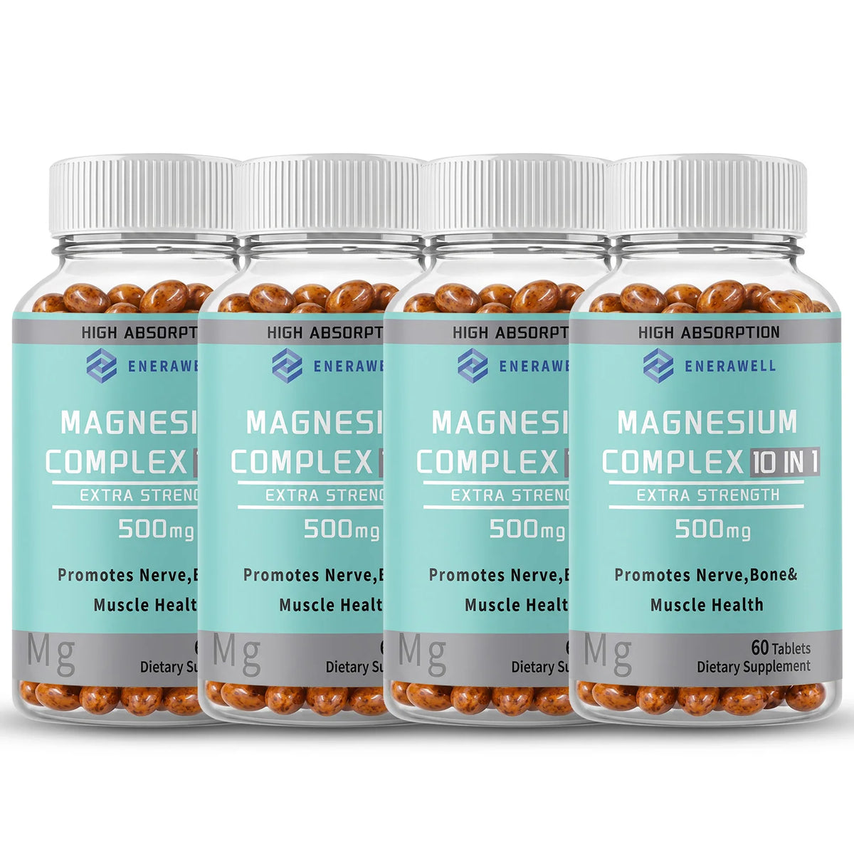 Two bottles of Corporación Turística Magnesium Complex 10-in-1 capsules, dietary supplement, 60 capsules each, against a white background.