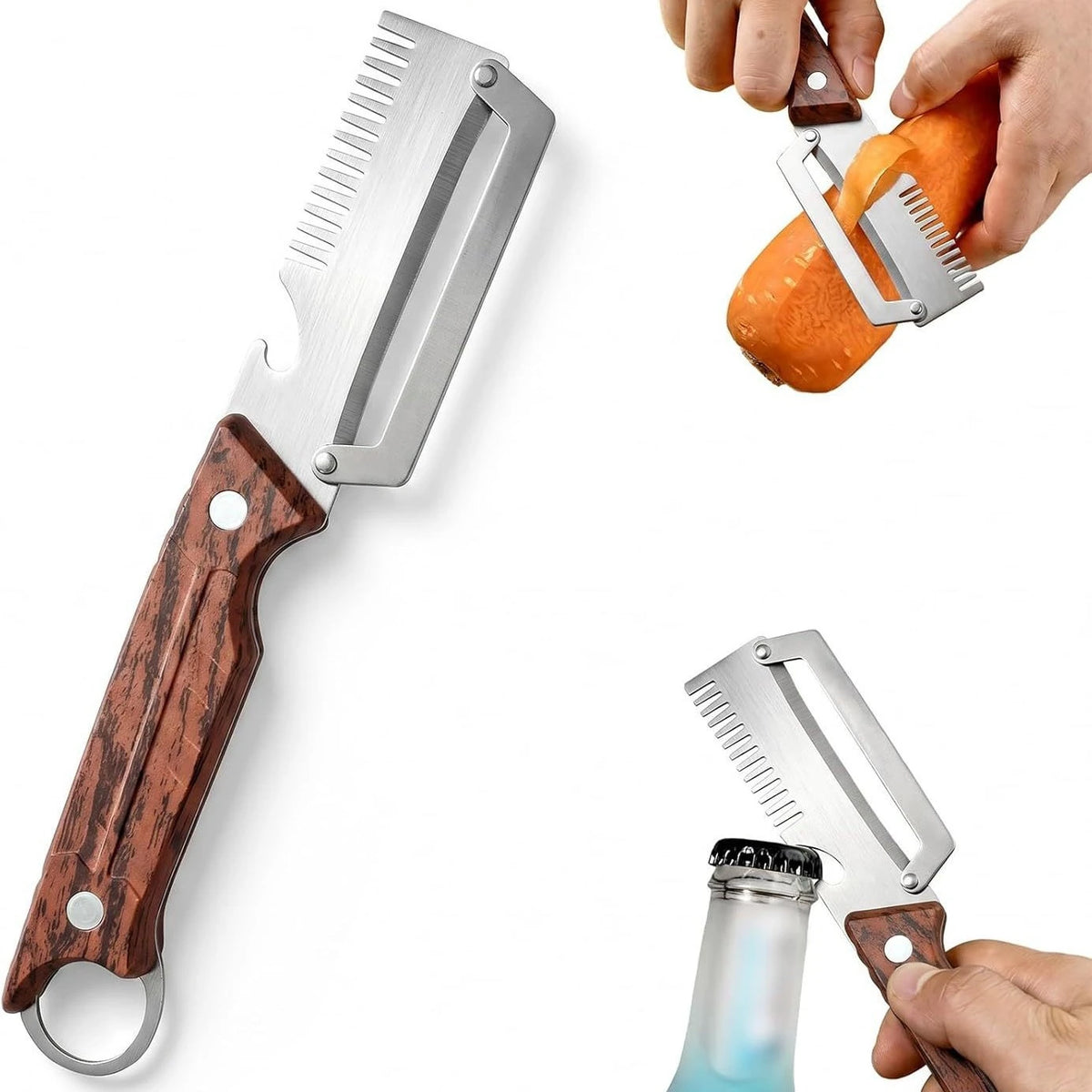 Stainless steel 3-in-1 onion chopper and peeler set by Corporación Turística with two kitchen tools for peeling and slicing.