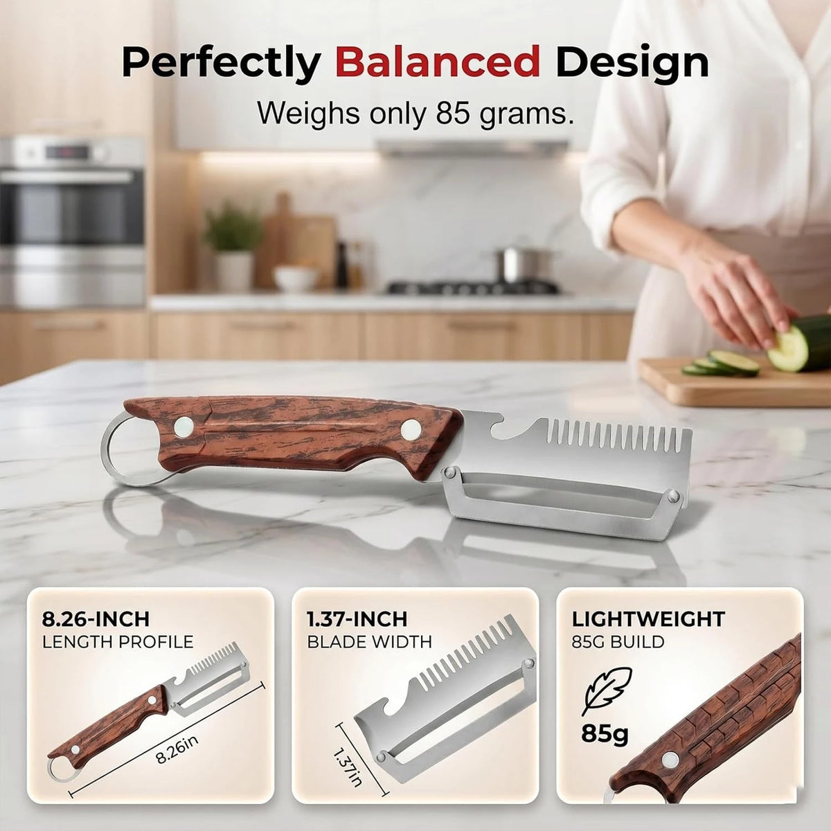 Stainless steel 3-in-1 cebollín peeler and cutter set from Corporación Turística, featuring ergonomic handles and sharp blades.
