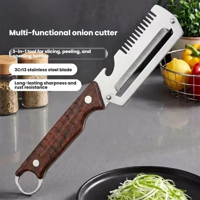 Stainless steel 3-in-1 onion chopper and peeler set by Corporación Turística with ergonomic handles and sharp blades.