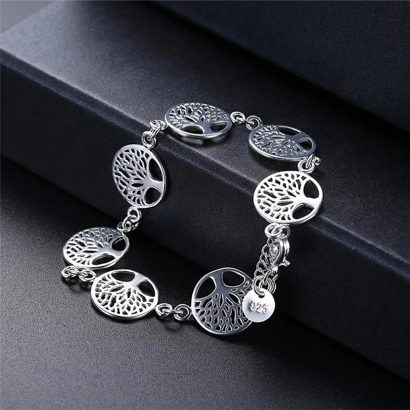 Sterling silver 925 bracelet with detailed floral tree design, featuring intricate flower and leaf motifs on a 20cm chain.