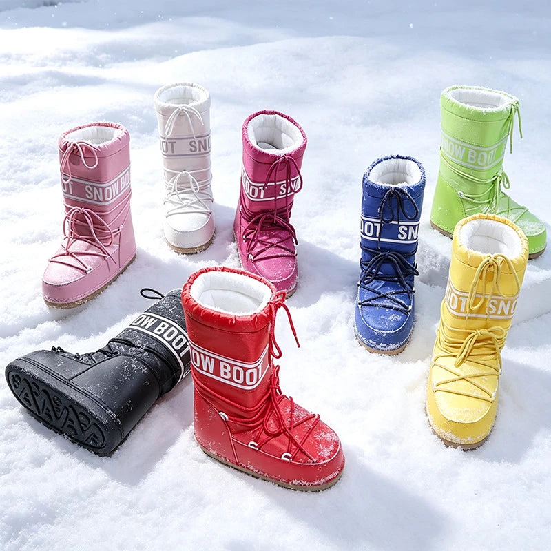 Red high-calf snow boots for women by Corporación Turística, stylish winter footwear with sturdy soles and warm lining.