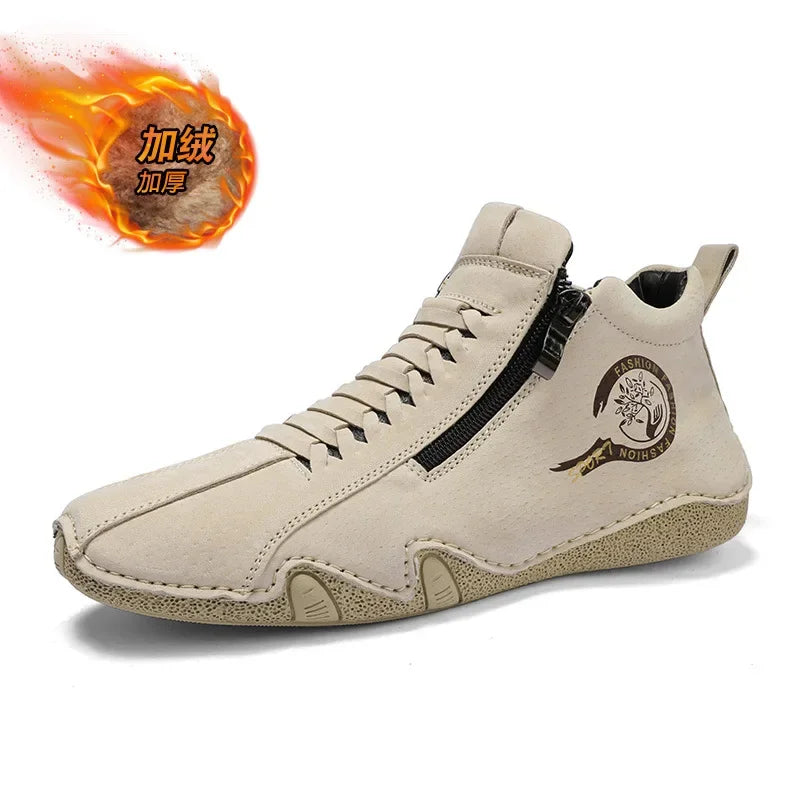 Sand-colored men's designer boots from 2025 collection, featuring sleek style and high-quality craftsmanship.