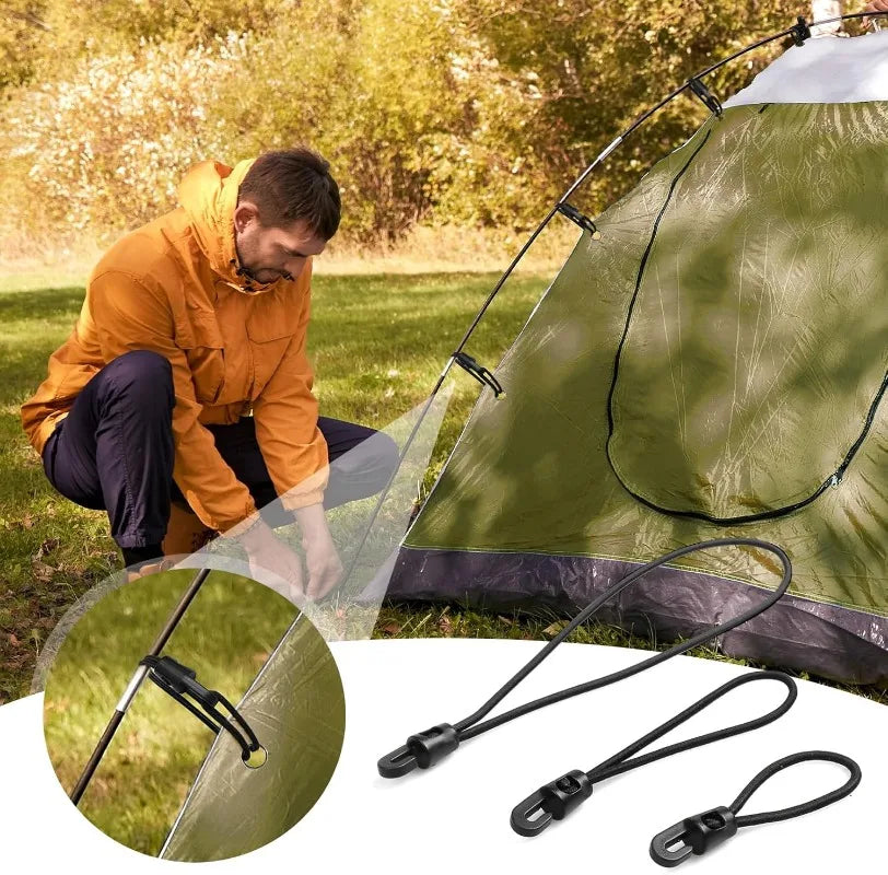 Multifunctional elastic cords with hooks for camping, 25cm, 30-pack, by Corporación Turística, ideal for outdoor gear and securing items.