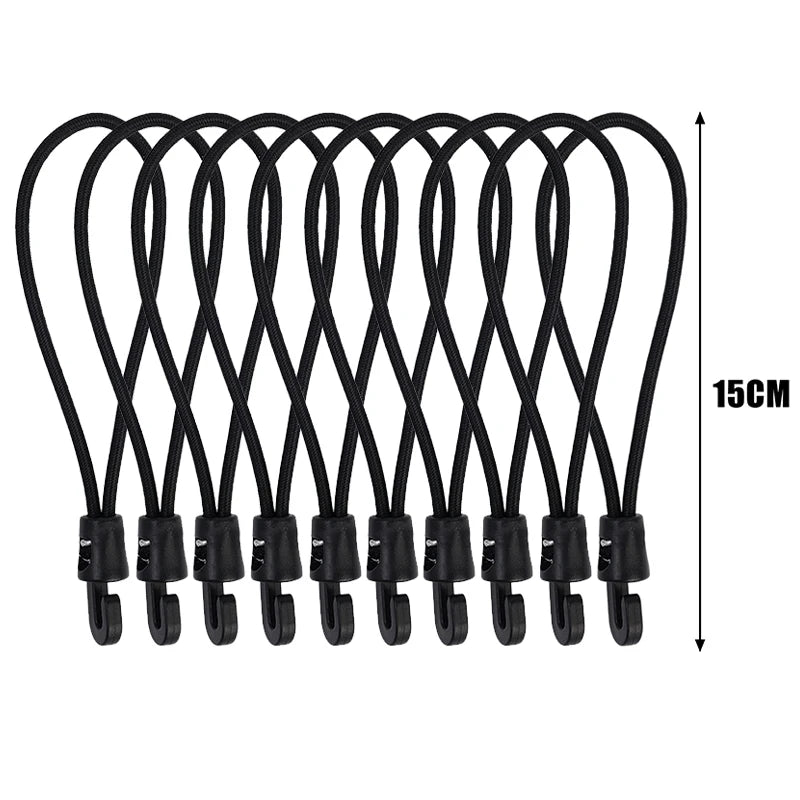 Set of 30 multifunctional elastic cords with hooks for camping, from Corporación Turística, shown in the image.