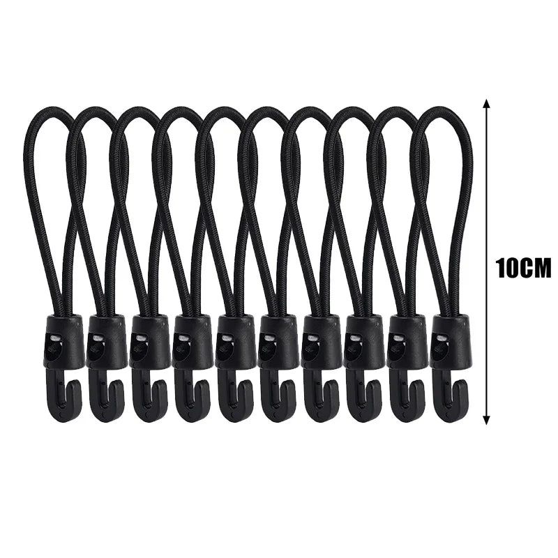 Set of 30 multifunctional elastic cords with hooks for camping, designed for versatile outdoor use, by Corporación Turística.