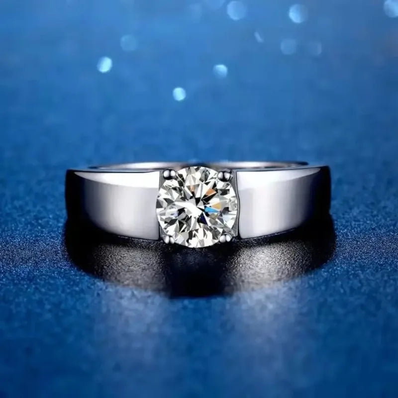 Sterling silver men's ring with 8mm moissanite D VVS clarity, featuring a zircon accent, by Corporación Turística.
