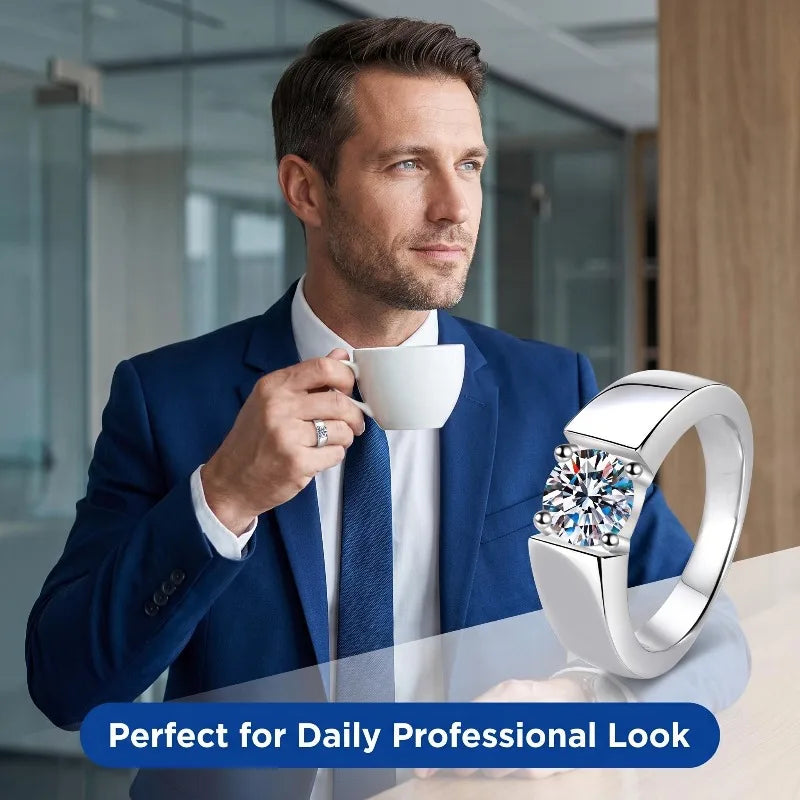 Sterling silver men's ring with 8mm moissanite D VVS clarity, featuring a 2ct zircon accent, from Corporación Turística.