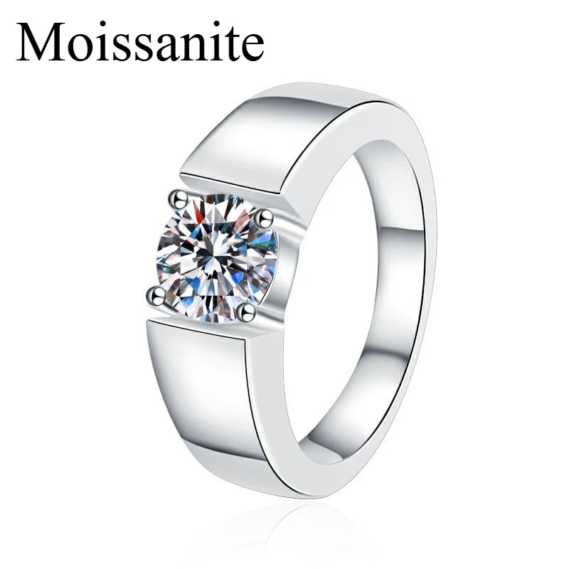 Sterling silver men's ring with 8mm moissanite D VVS clarity, featuring a 2-carat zircon accent, from Corporación Turística.