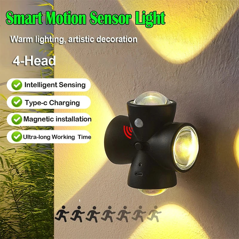 Two black LED night lamps with four-head motion sensors from Corporación Turística, suitable for automatic lighting.