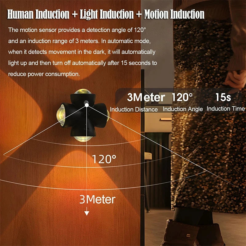 Black LED night lamp with four heads and motion sensor by Corporación Turística, designed for automatic illumination.
