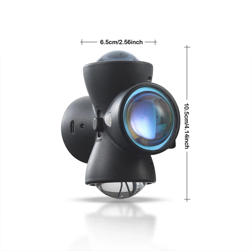 Black LED night lamp with four heads and motion sensor, designed by Corporación Turística for automatic lighting.