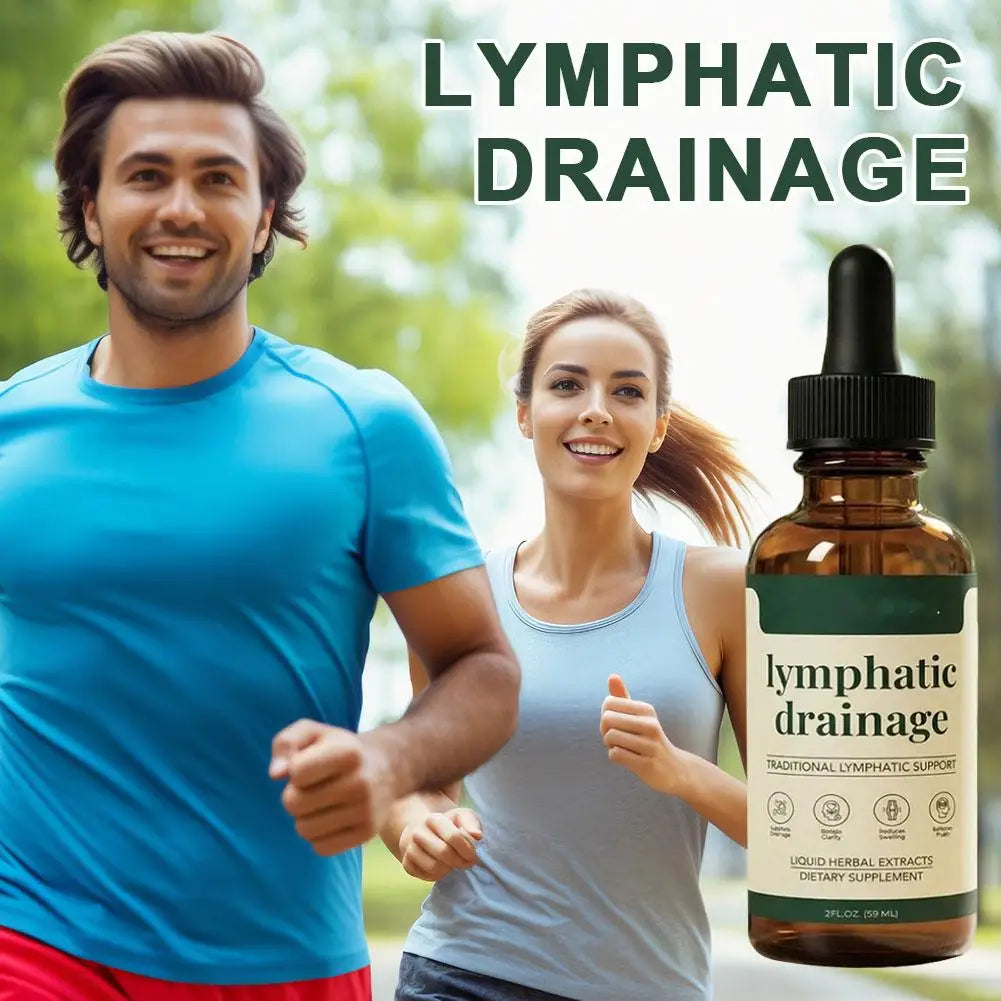 Two bottles of Gotas de Drenaje Linfático by Corporación Turística, natural liquid for lymphatic drainage therapy.