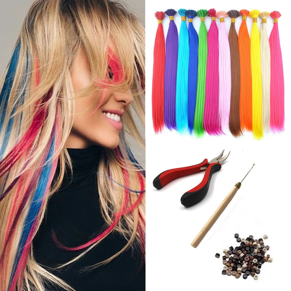 Color I-Tip synthetic hair extensions from Corporación Turística, 16-inch length, natural black shade, displayed in a close-up image.