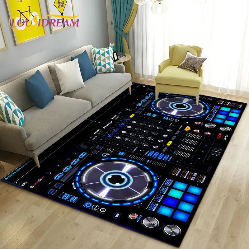 3D DJ music keyboard-themed area rug by Corporación Turística, featuring vibrant colorful musical and keyboard patterns.
