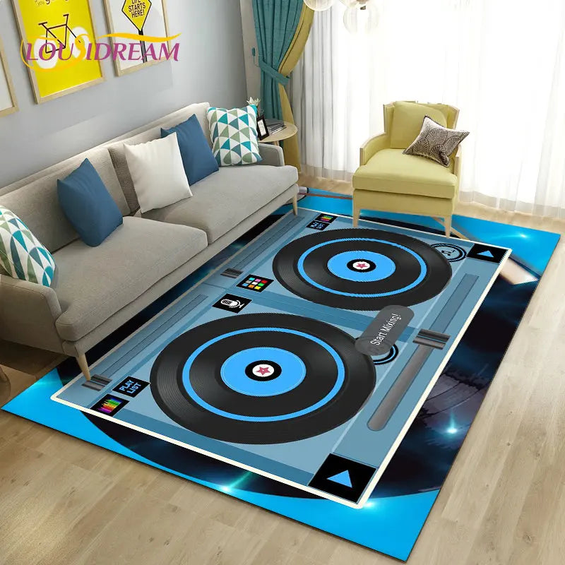 3D DJ music-themed area rug with keyboard and screen design, featuring vibrant colors and musical motifs by Corporación Turística.