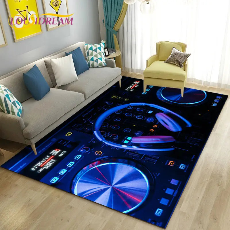 3D DJ music-themed area rug with keyboard and screen design, by Corporación Turística, measuring 70x100cm.