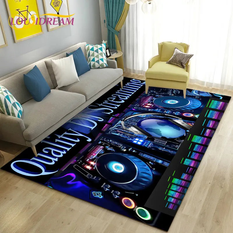 3D DJ music keyboard-themed area rug by Corporación Turística, featuring vibrant musical instruments and colorful design.