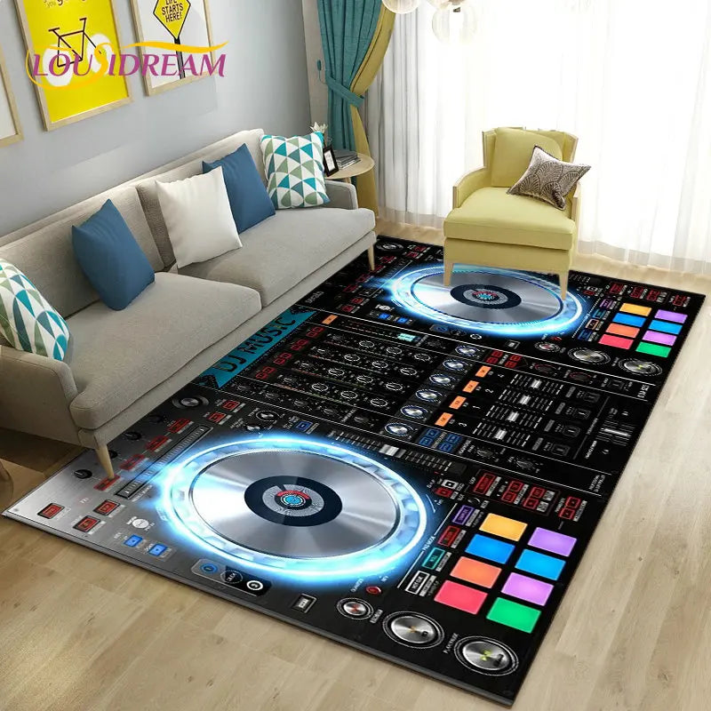 3D DJ music-themed area rug with keyboard display design, vibrant colors, and playful pattern for a fun music room decor.
