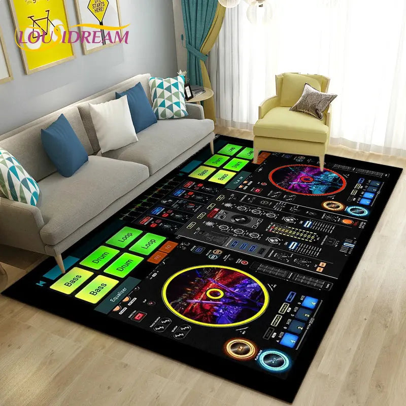 Colorful 3D DJ music theme area rug with keyboard and screen design, perfect for music lovers and dance spaces.