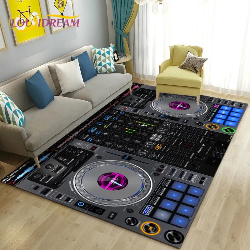 3D DJ music keyboard area rug with colorful musical notes, featuring a vibrant design perfect for music lovers and entertainment spaces.