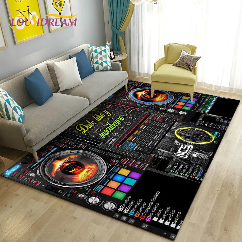 3D DJ music-themed area rug with keyboard and screen design, featuring vibrant colors and a modern style from Corporación Turística.