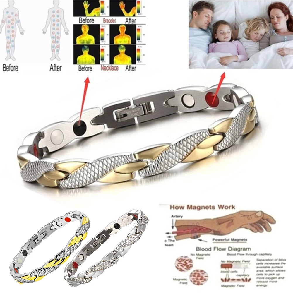 Germanium bracelet with magnetic chain for energy and health, featuring a sleek design and adjustable fit.