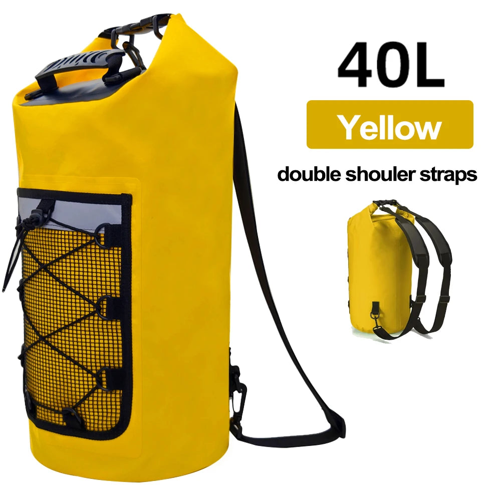 Yellow 40L floating dry bag by Corporación Turística, ideal for kayak, swimming, and beach water activities.