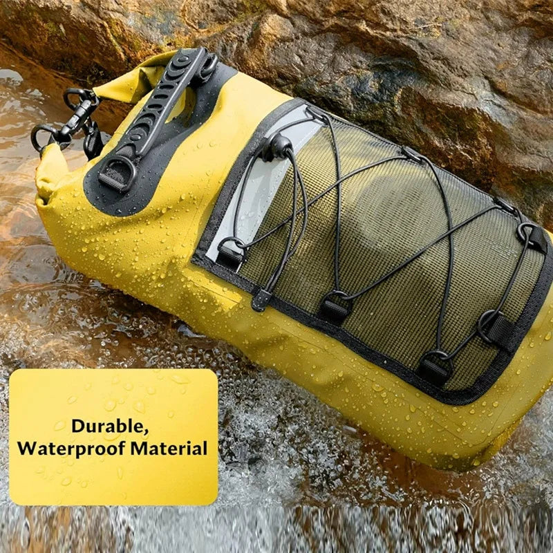 Bright yellow 40L floating dry bag from Corporación Turística, ideal for kayaking, swimming, and beach activities.