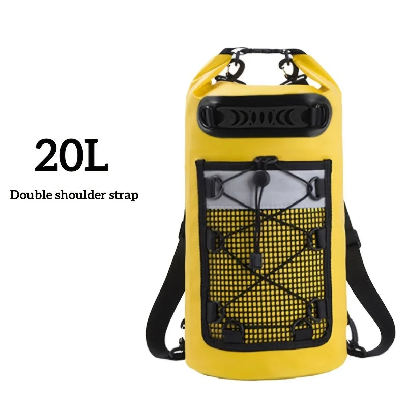 Yellow 40L floating dry bag from Corporación Turística, ideal for kayak, swimming, and beach activities, shown on white background.
