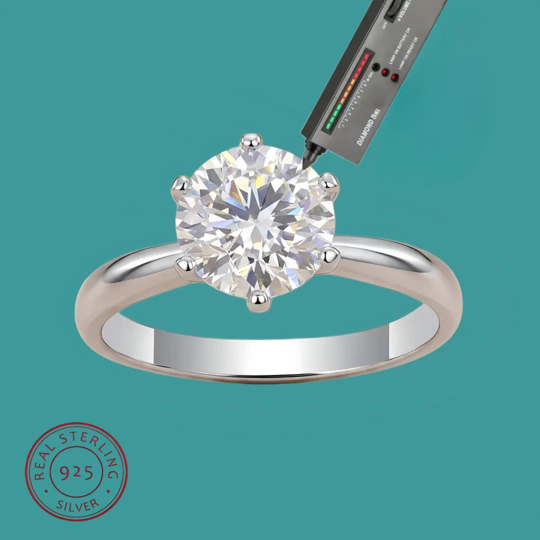 Sterling silver 925 ring with 3ct 9mm moissanite gemstone, luxurious and sparkling jewelry piece from Corporación Turística.