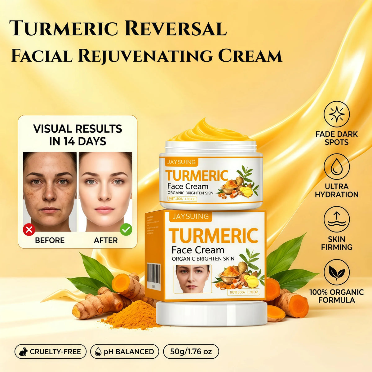 Cream facial rejuvenator with turmeric and antioxidants, packaged in a 50g jar by Corporación Turística, for revitalizing skin.
