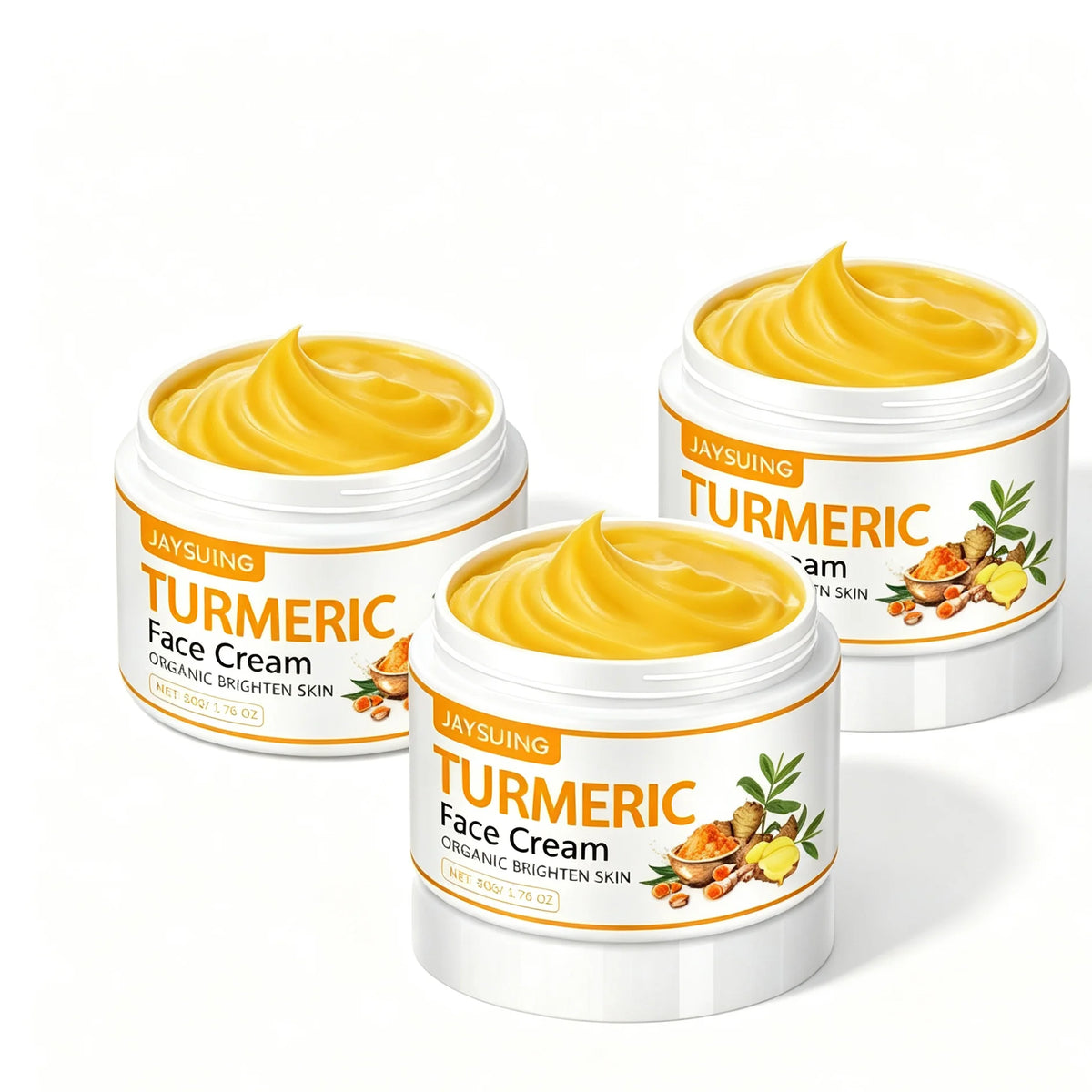 Cream facial rejuvenator with turmeric and antioxidants, 50g from Corporación Turística, shown in a jar with fresh turmeric roots.