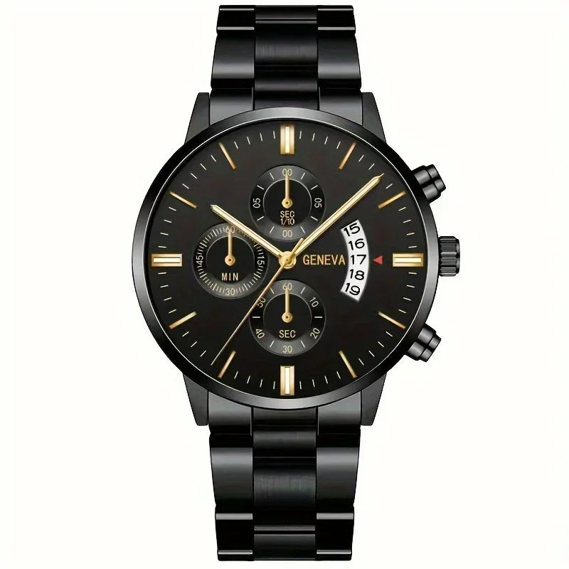 Elegant quartz watch with matching bracelet set by Corporación Turística, featuring a sleek design and metallic finish.