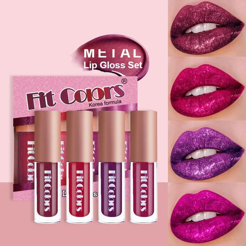 Set of four metallic lip gloss tins with a shiny finish, featuring antiadherent surfaces for easy use and storage.