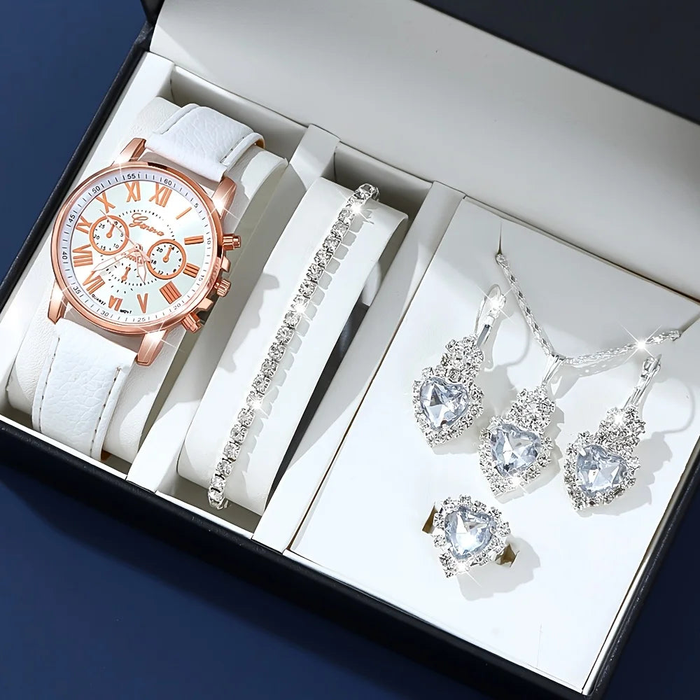 Fashion quartz watch and jewelry set by Corporación Turística, featuring a stylish watch with matching jewelry pieces.