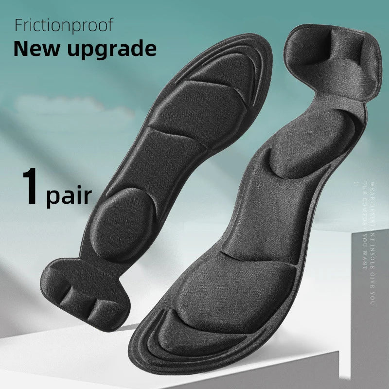 Four pairs of black viscoelastic foam insoles for women's shoes, designed for comfort and fit, by Corporación Turística.