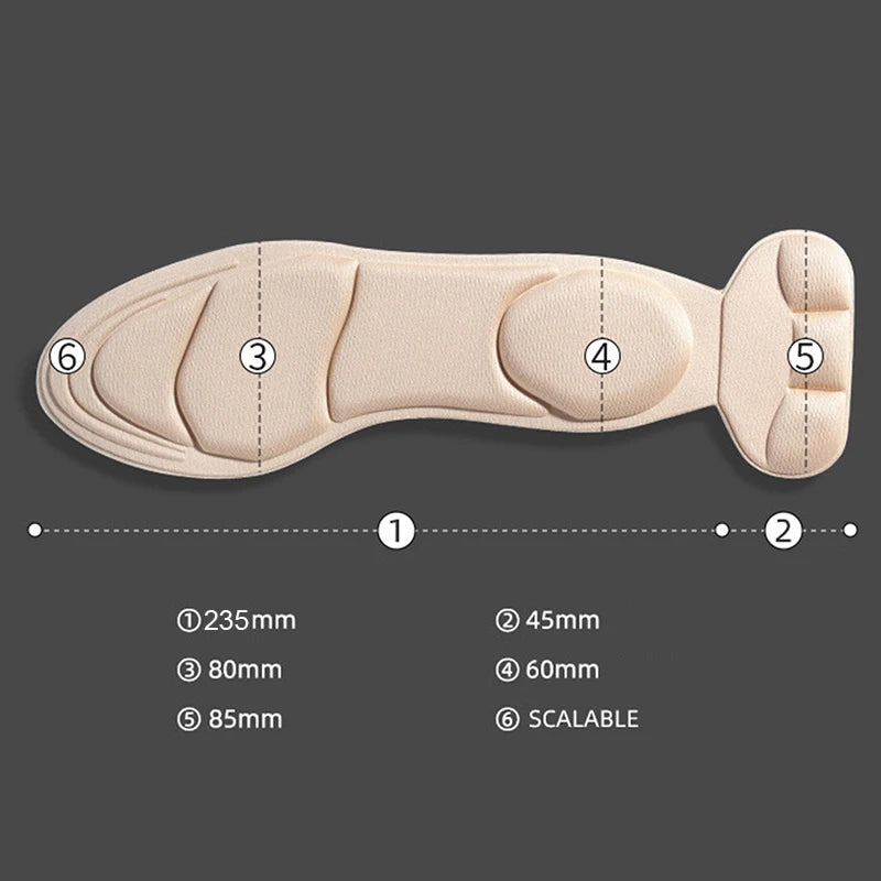 Four pairs of black memory foam insoles for women's shoes, designed for comfort and support, by Corporación Turística.
