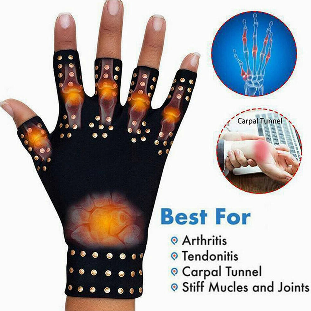 Pair of fingerless magnetic therapy gloves made of nylon by Corporación Turística, designed for arthritis relief.