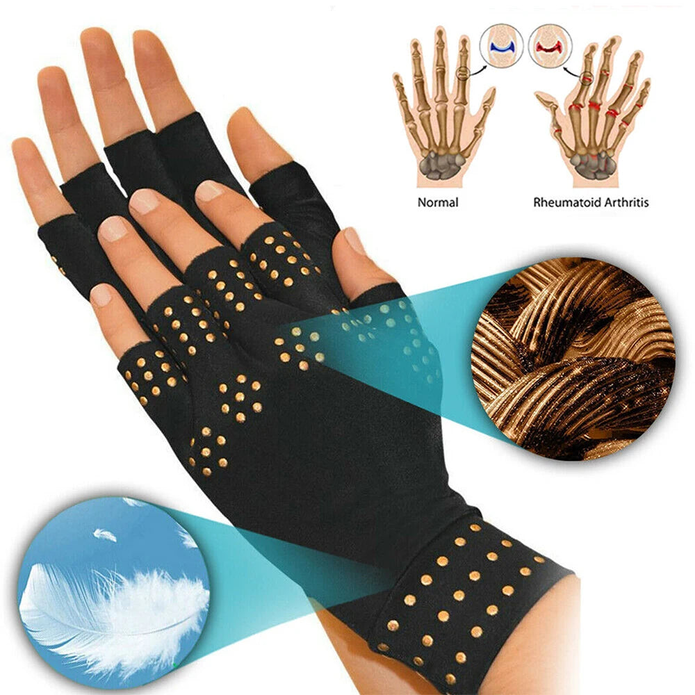 Pair of nylon fingerless magnetic therapy gloves from Corporación Turística, designed for arthritis relief.