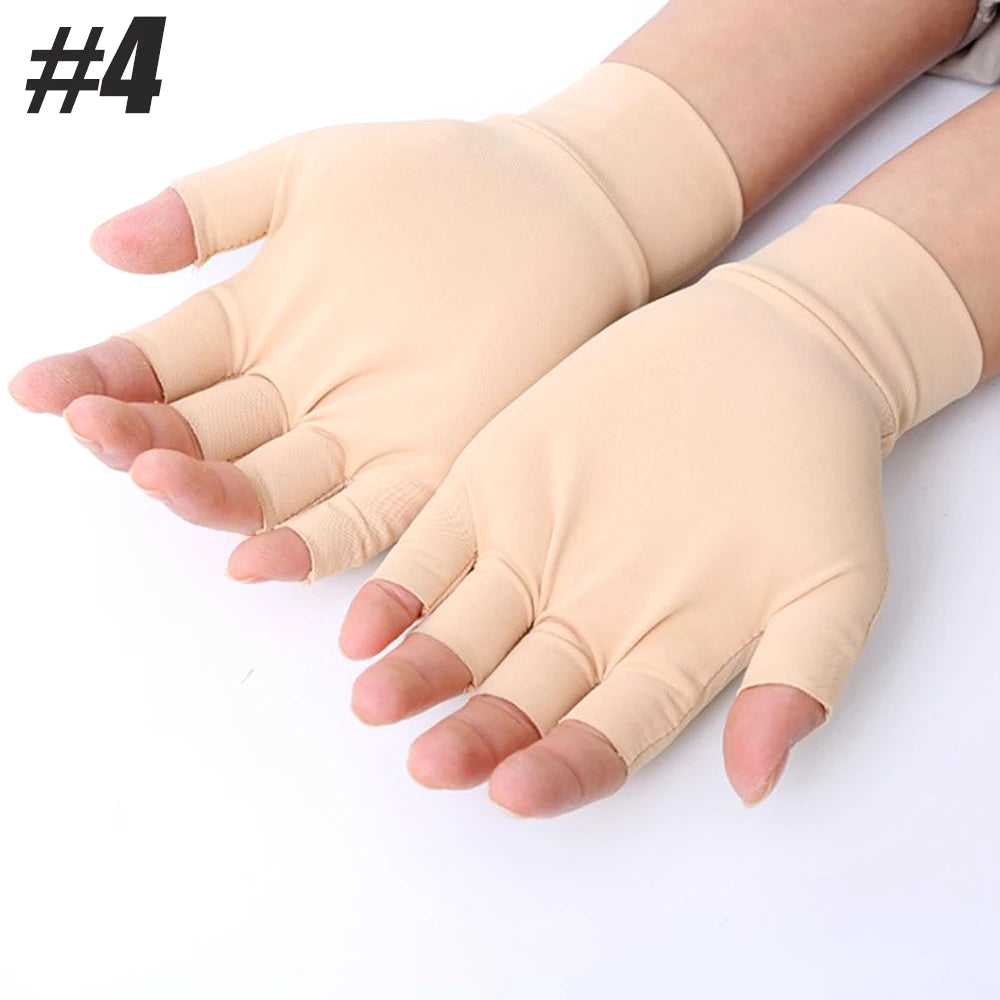 Pair of magnetic fingerless nylon therapy gloves by Corporación Turística, designed for arthritis relief and improved circulation.