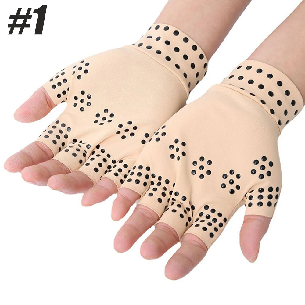 Pair of fingerless magnetic nylon gloves for arthritis therapy by Corporación Turística, designed to provide targeted magnetic support.