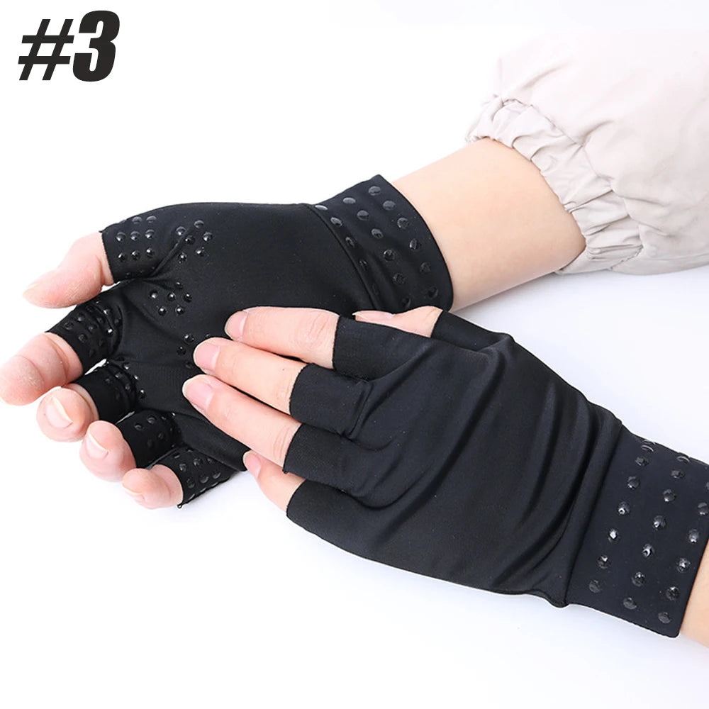 Pair of nylon fingerless magnetic therapy gloves by Corporación Turística, designed for arthritis relief and joint support.