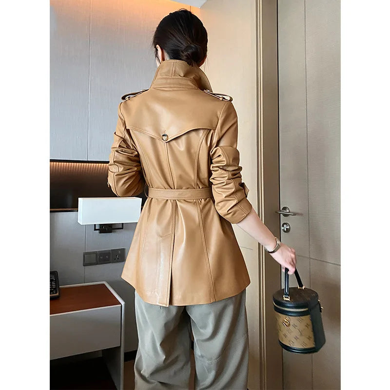 Genuine leather women's jacket by Corporación Turística, stylish warm coat with a fitted design and classic leather finish.