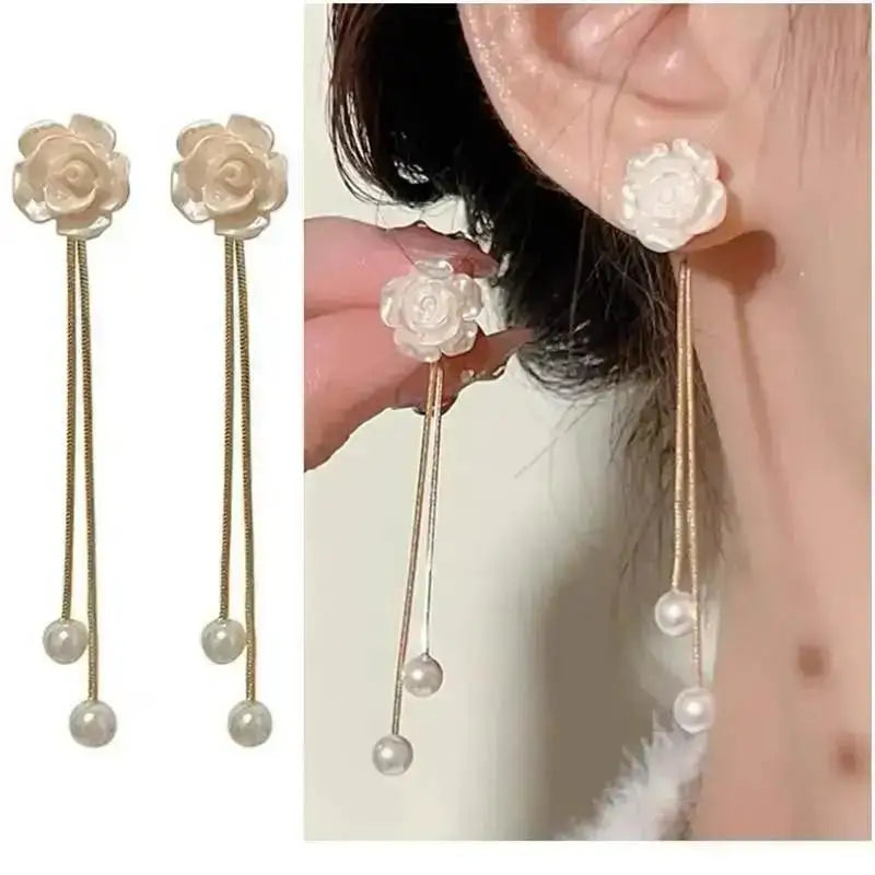 Korean fashion pearl tassel earrings with needle hook, featuring 5mm crystal beads and elegant pearl details.