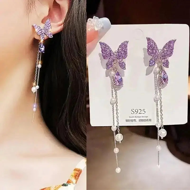 Korean fashion pearl tassel earrings with needle post, featuring 5mm crystal beads and stylish design for elegant wear.