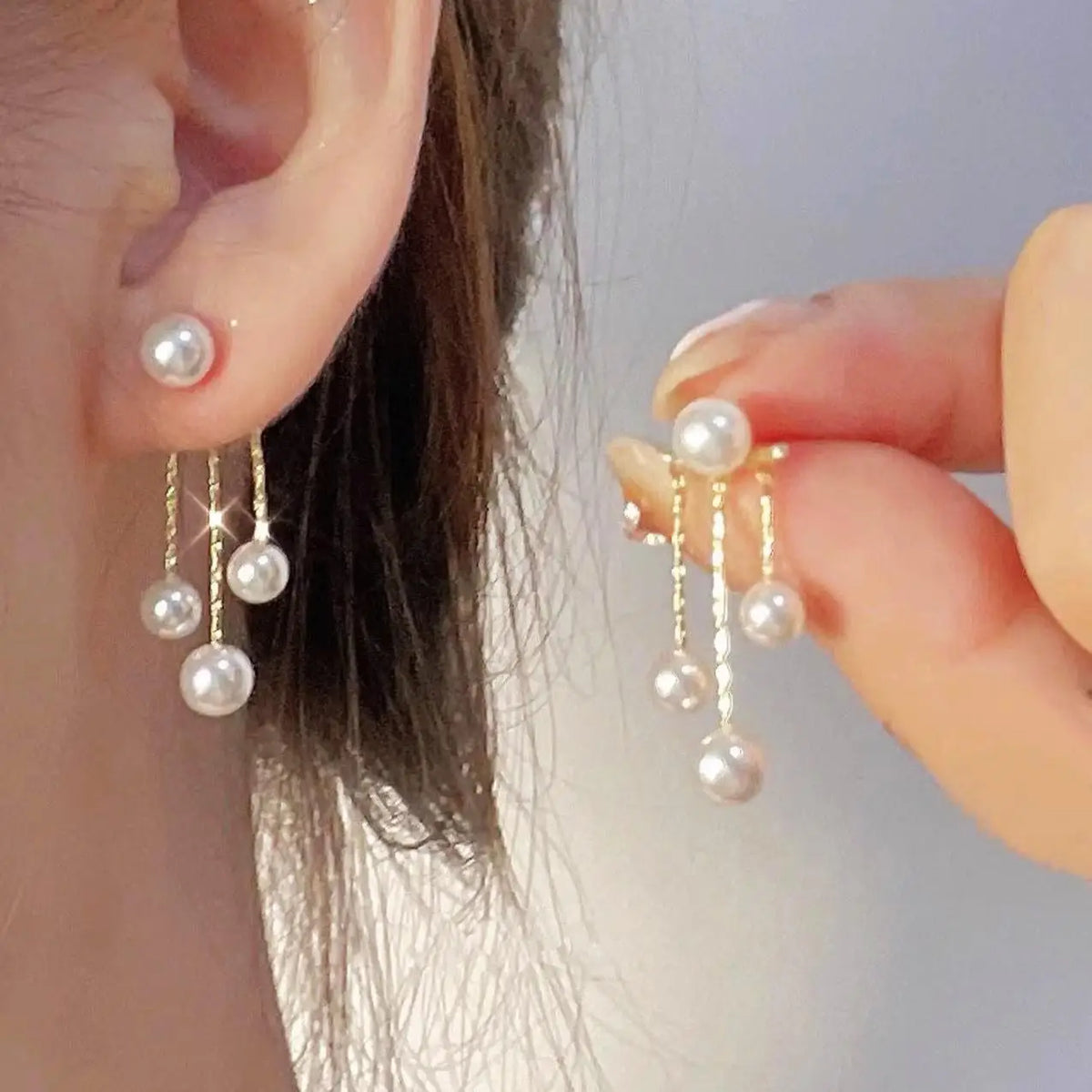 Korean fashion pearl tassel earrings with crystal beads and needle hook, stylish and elegant accessory for women