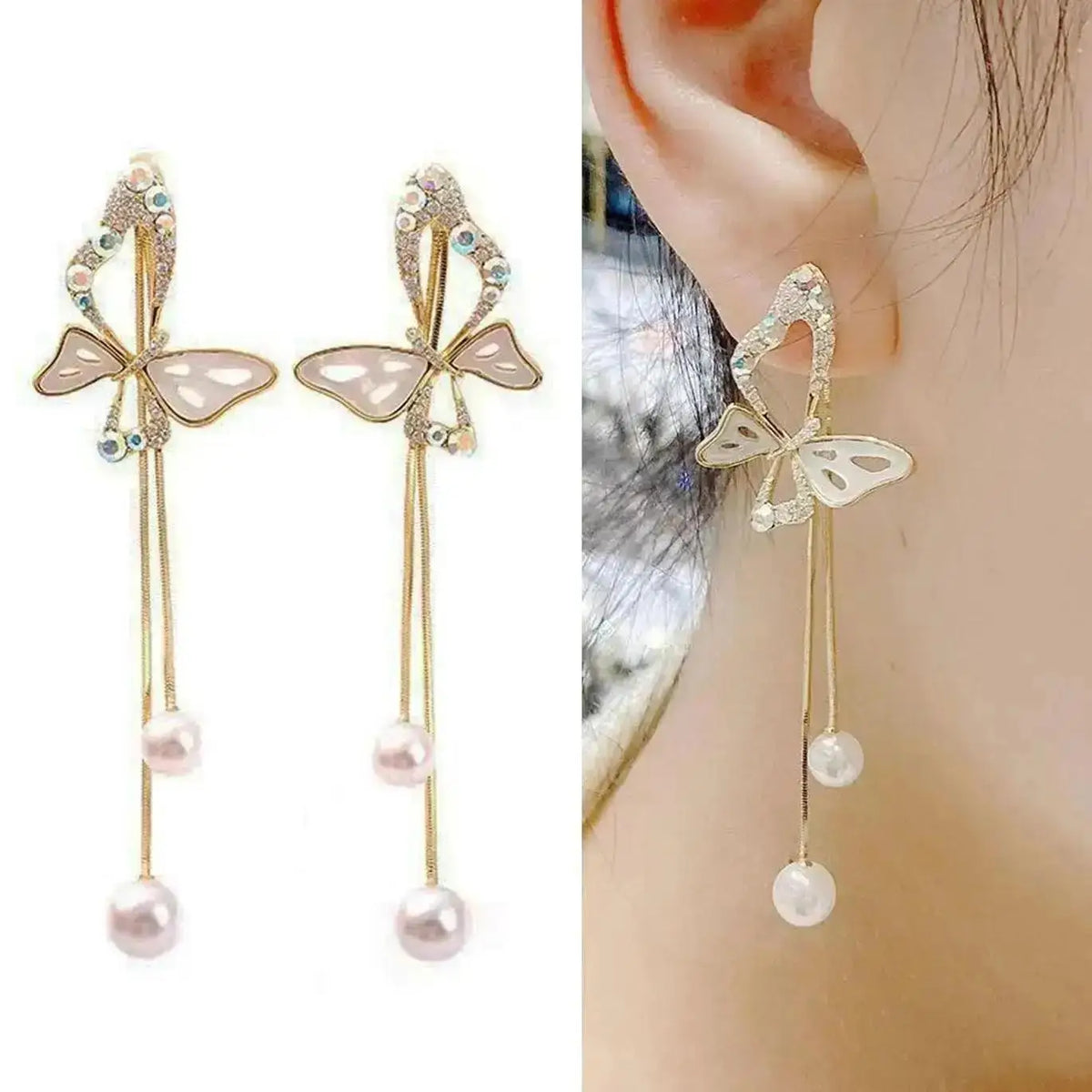 Korean-style pearl tassel earrings with needle detail, featuring small 5mm crystals for a fashionable accessory.